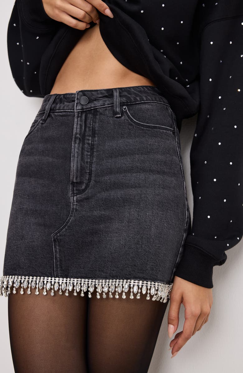 Good American Crystal Trim Denim Miniskirt, Alternate, color, Black376
