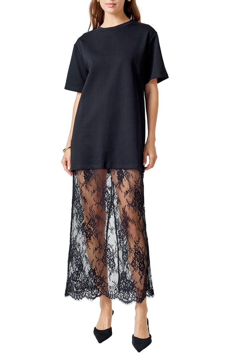 Endless Rose Mixed Media Cotton Knit & Lace T-Shirt Dress, Main, color, Black