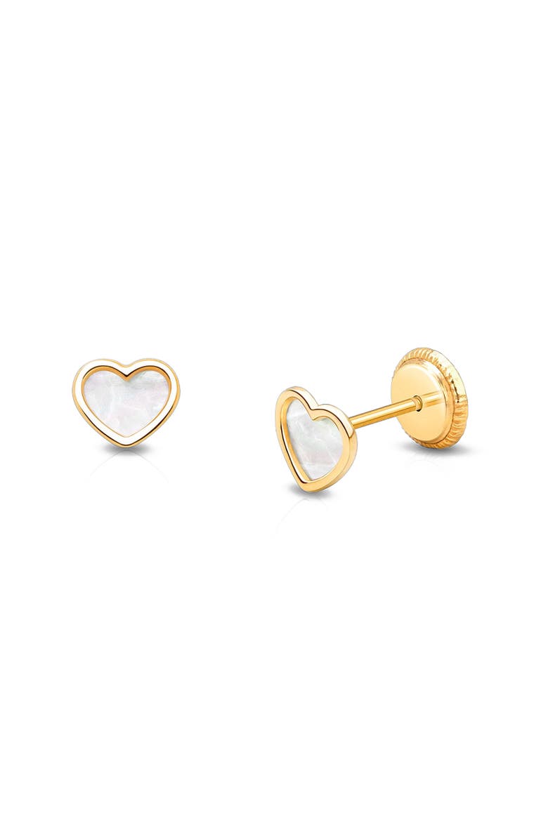 Tiny Blessings 14K Gold Genuine Love Mother of Pearl Heart Studs Screw Back Earrings, Main, color, 14K Yellow Gold