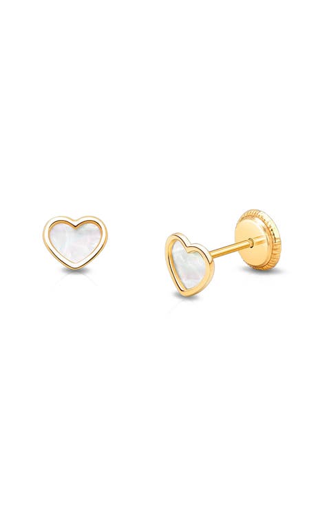 14K Gold Genuine Love Mother of Pearl Heart Studs Screw Back Earrings