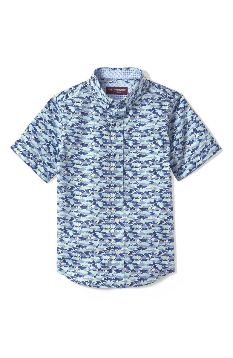 Johnston & Murphy Kids' Hidden Shark Print Short Sleeve Button-Down Shirt, Main, color, 