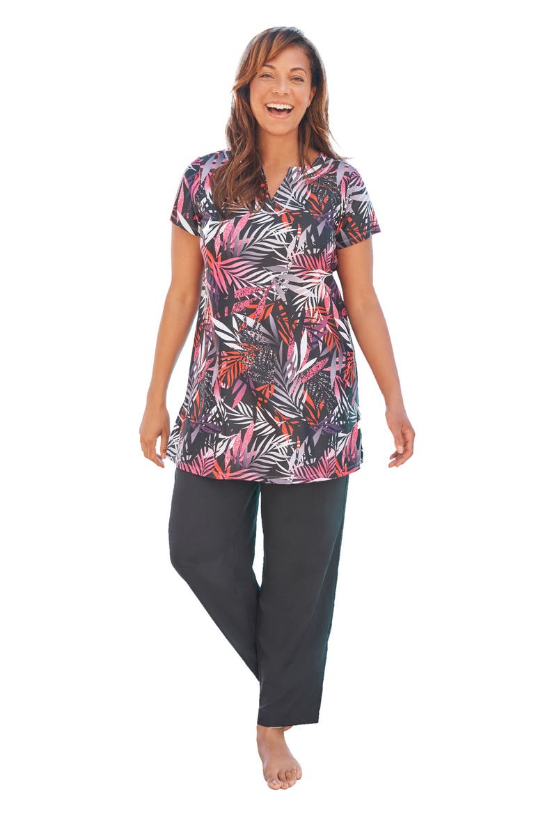 Longer Length Notch Neck Short Sleeve Swim Tunic, Main, color, MULTI TEXTURED PALM
