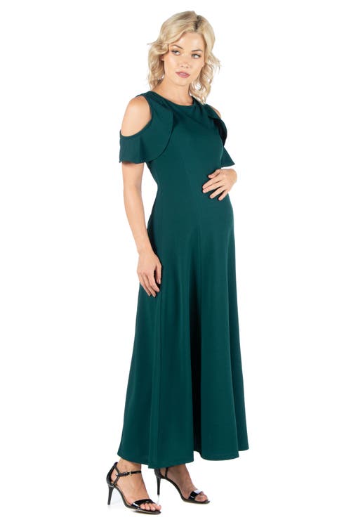 24seven Comfort Apparel Maternity Ruffle Cold Shoulder A-line Maxi Dress In Green