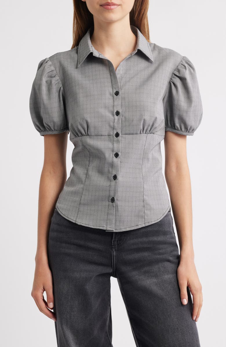 LIONESS Mon Cheri Puff Sleeve Shirt, Main, color, Onyx Gingham