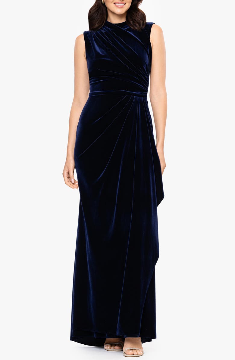 Betsy & Adam Ruched Velvet Column Gown, Main, color, Navy