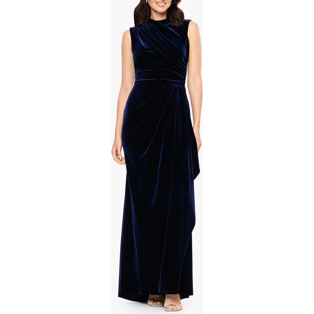 Betsy & Adam Ruched Velvet Column Gown In Black