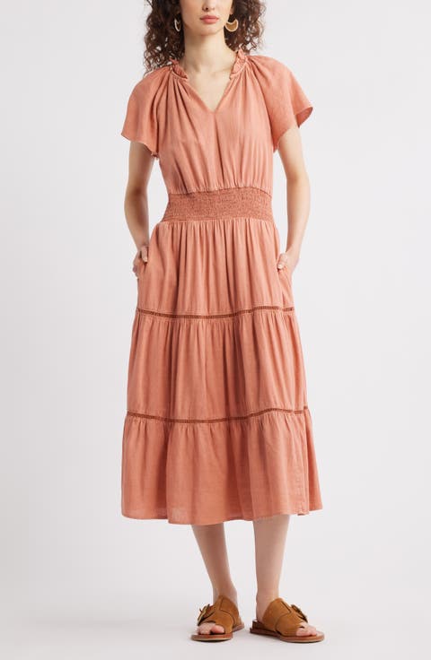 Ladder Stitch Accent Linen Blend Tiered Minidress