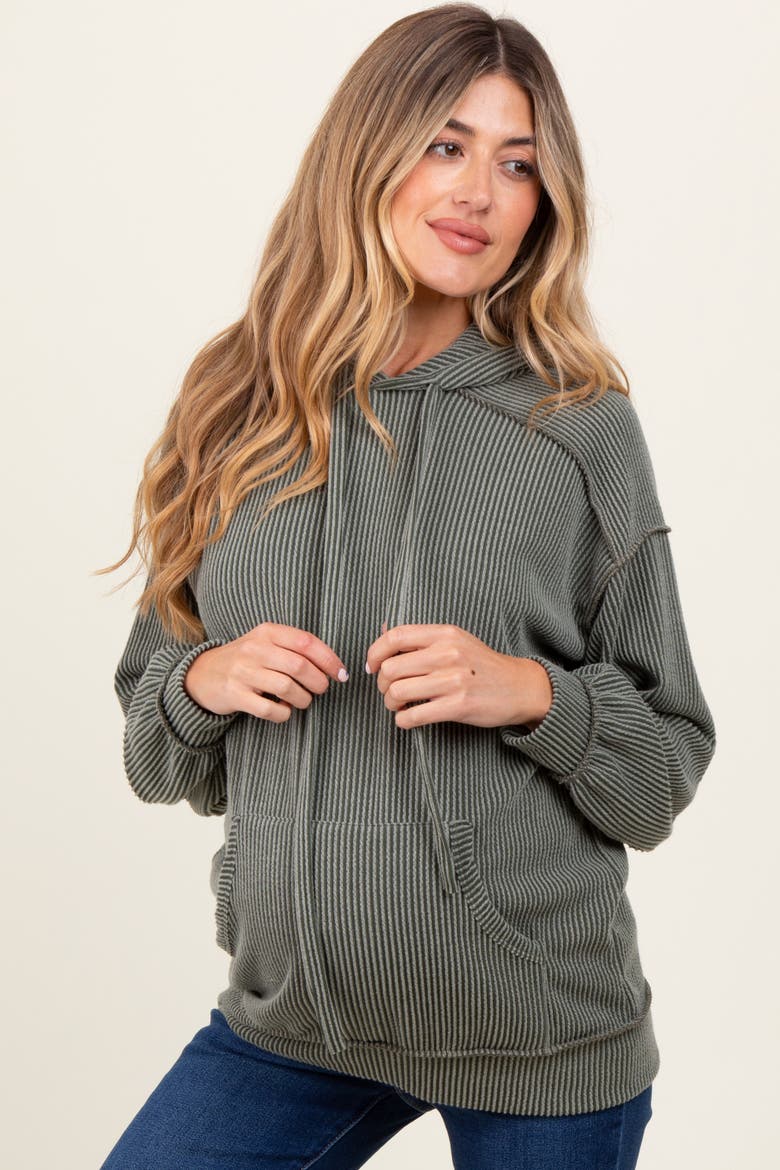 Ribbed Front Pocket Drawstring Hoodie, Alternate, color, Olive Green
