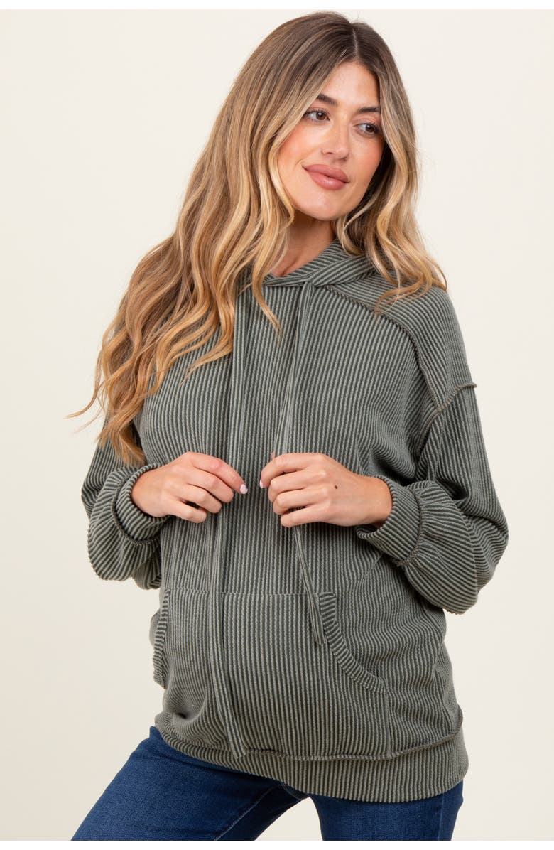 PinkBlush Ribbed Front Pocket Drawstring Hoodie, Alternate, color, Olive Green