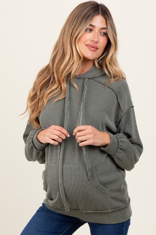 Pinkblush Ribbed Front Pocket Drawstring Hoodie In Green