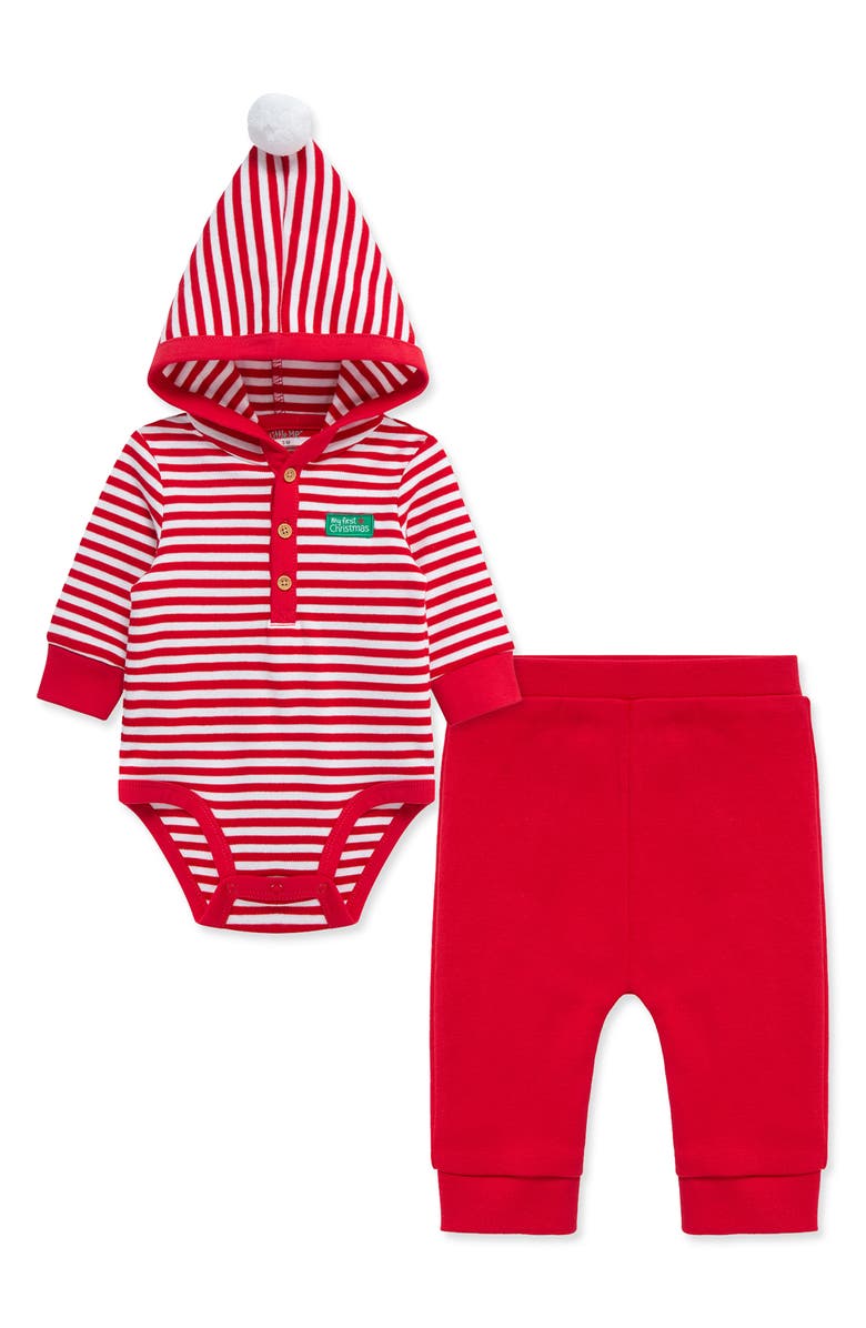 Little Me First Christmas Holiday Stripe Hooded Bodysuit & Santa Joggers Set, Main, color, Red