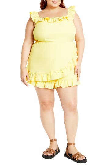 City Chic Christa Ruffle Crepe Romper In Yellow