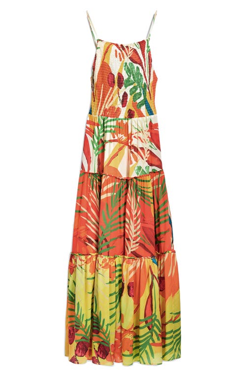 Desigual Smocked Bodice Tiered Maxi Cover-up Sundress In Orange Multi