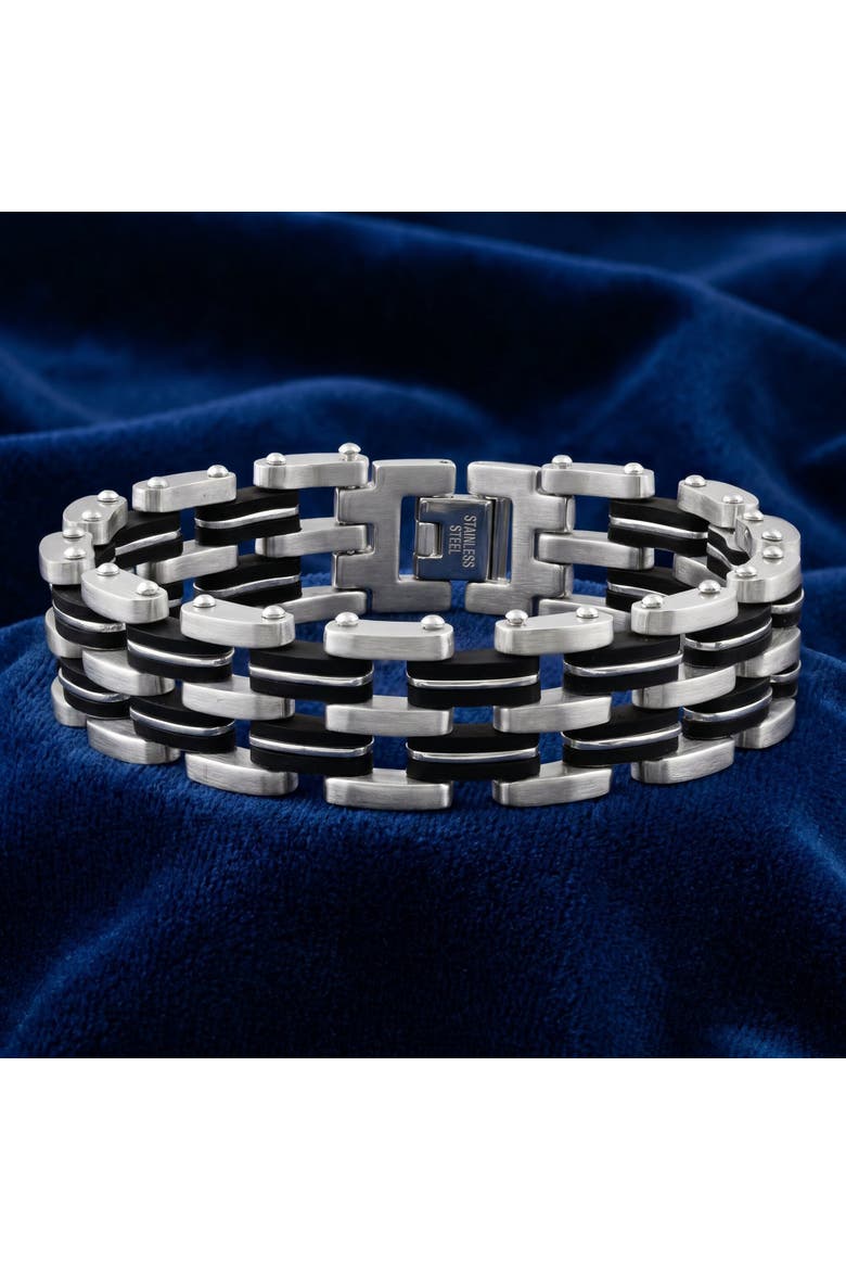 Men's Steel Brushed And Black Two Tone 18.5mm Wide Link Flexible 8.5 " Bracelet, Alternate, color, Stainless Steel