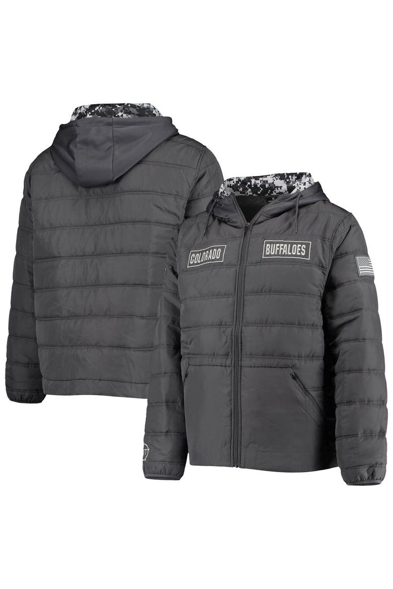 Men's Colosseum Charcoal Colorado Buffaloes OHT Military Appreciation Digital Camo Detail Full-Zip Puffer Jacket, Main, color, Charcoal