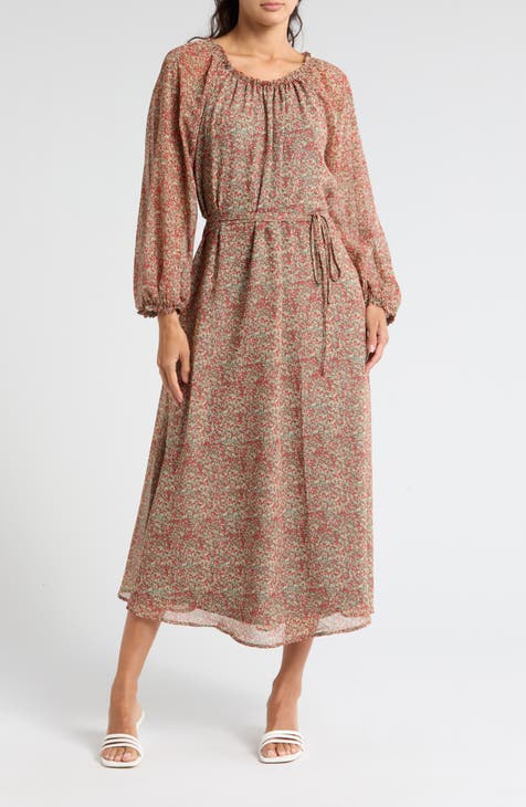 Floral Long Sleeve Chiffon Maxi Dress