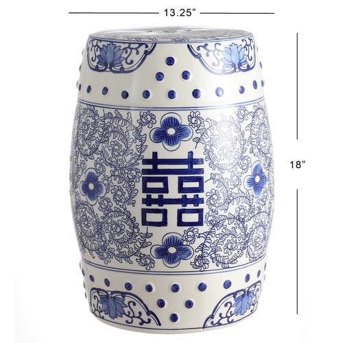 Jonathan Y Double Happiness 18" Chinoiserie Ceramic Drum Garden Stool In Blue/white