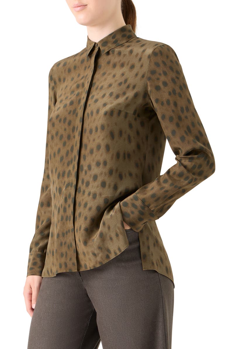 Akris punto Leopard Print Silk Crêpe de Chine Button-Up Shirt, Alternate, color, Hazel-Bark