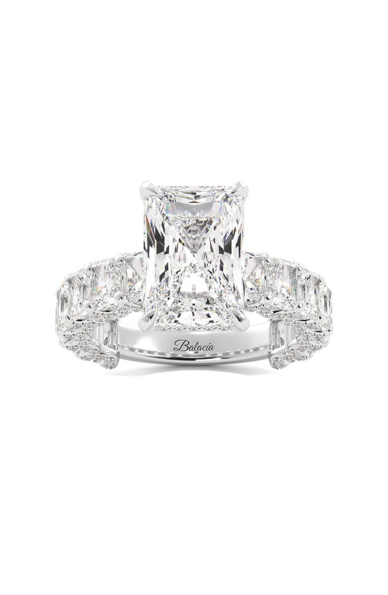 Balacia Radiant Cut Iced Out Engagement Ring with Radiant Cut Side Diamonds, Main, color, White Gold