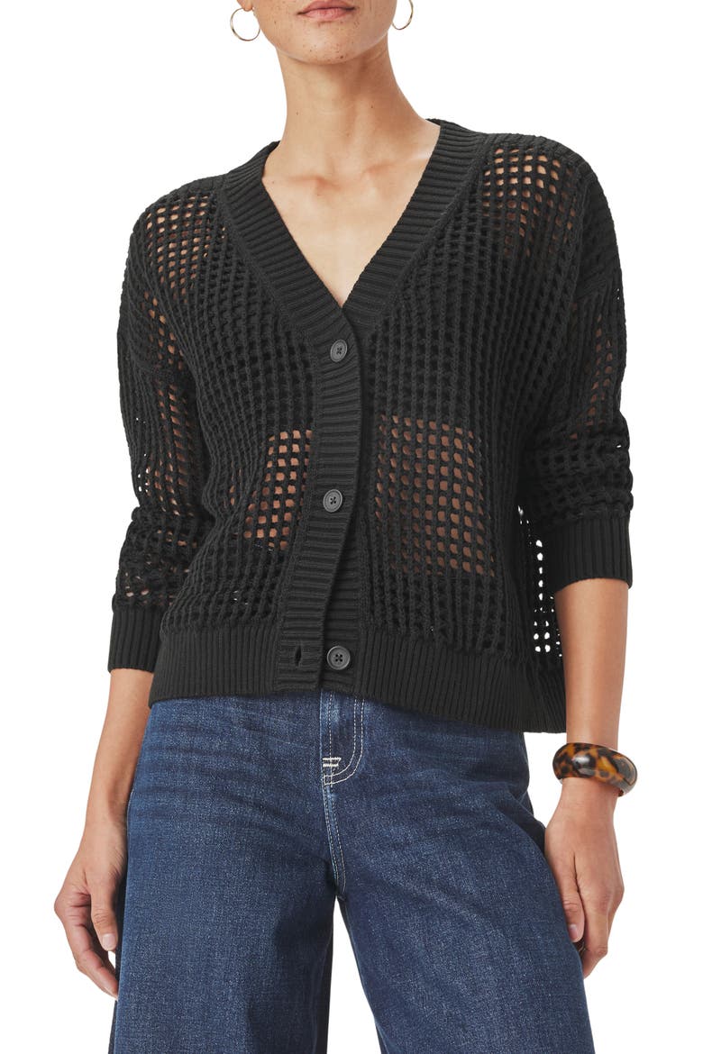 Camellia Openwork V-Neck Cotton Blend Cardigan, Main, color, BLACK