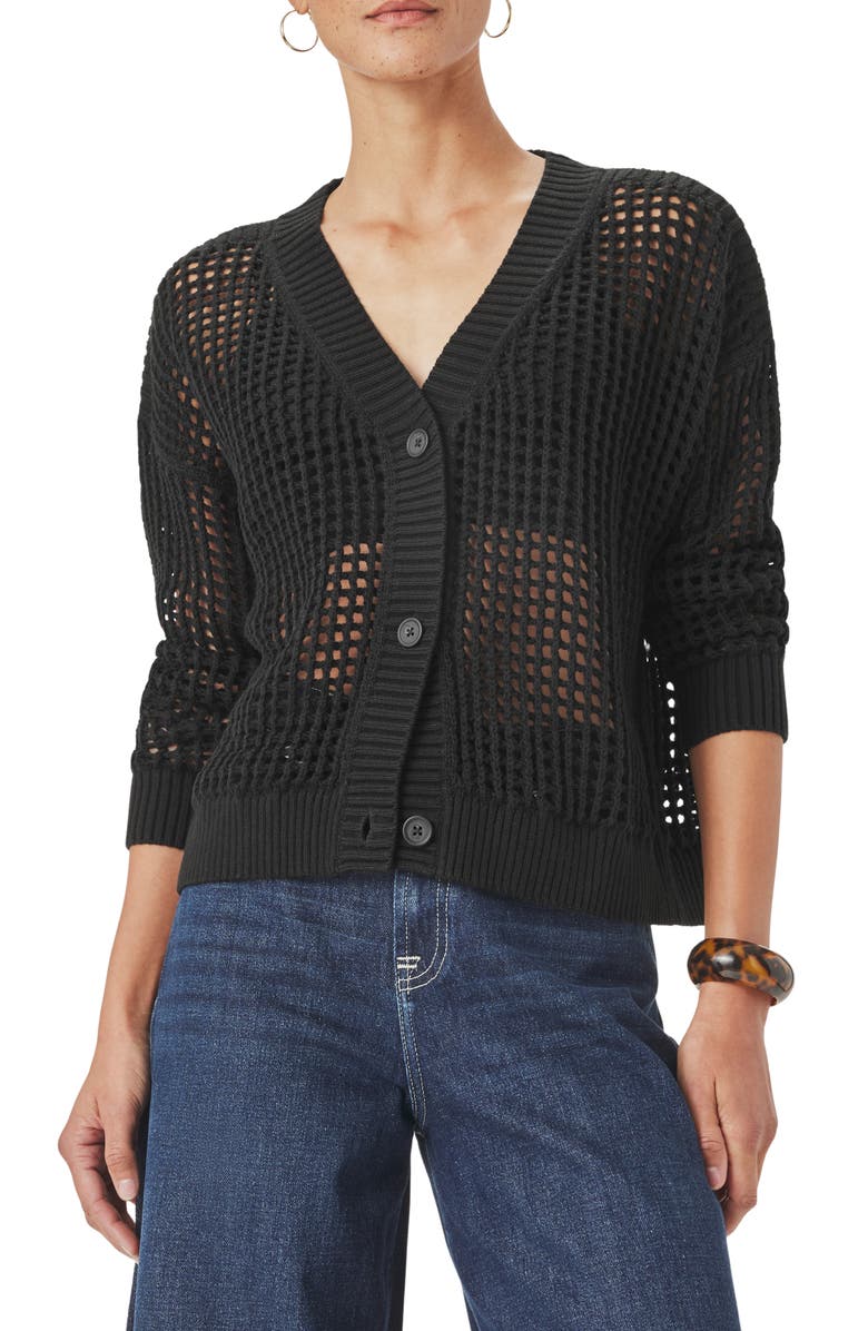 Splendid Camellia Openwork V-Neck Cotton Blend Cardigan, Main, color, Black