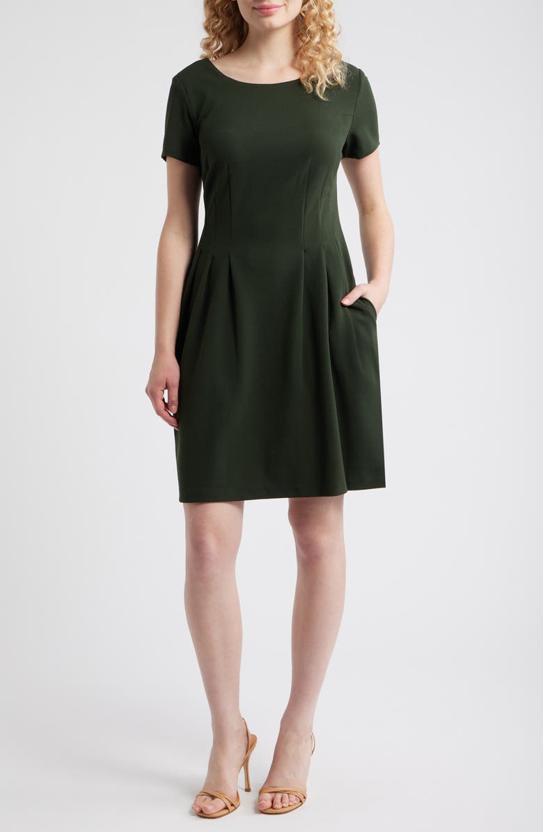 Connected Apparel Short Sleeve Pocket Fit & Flare Dress, Main, color, Loden