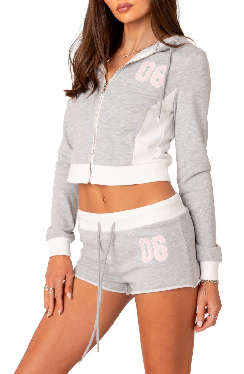 EDIKTED Pat Appliqué Zip Front Crop Hoodie, Alternate, color, Gray-Melange