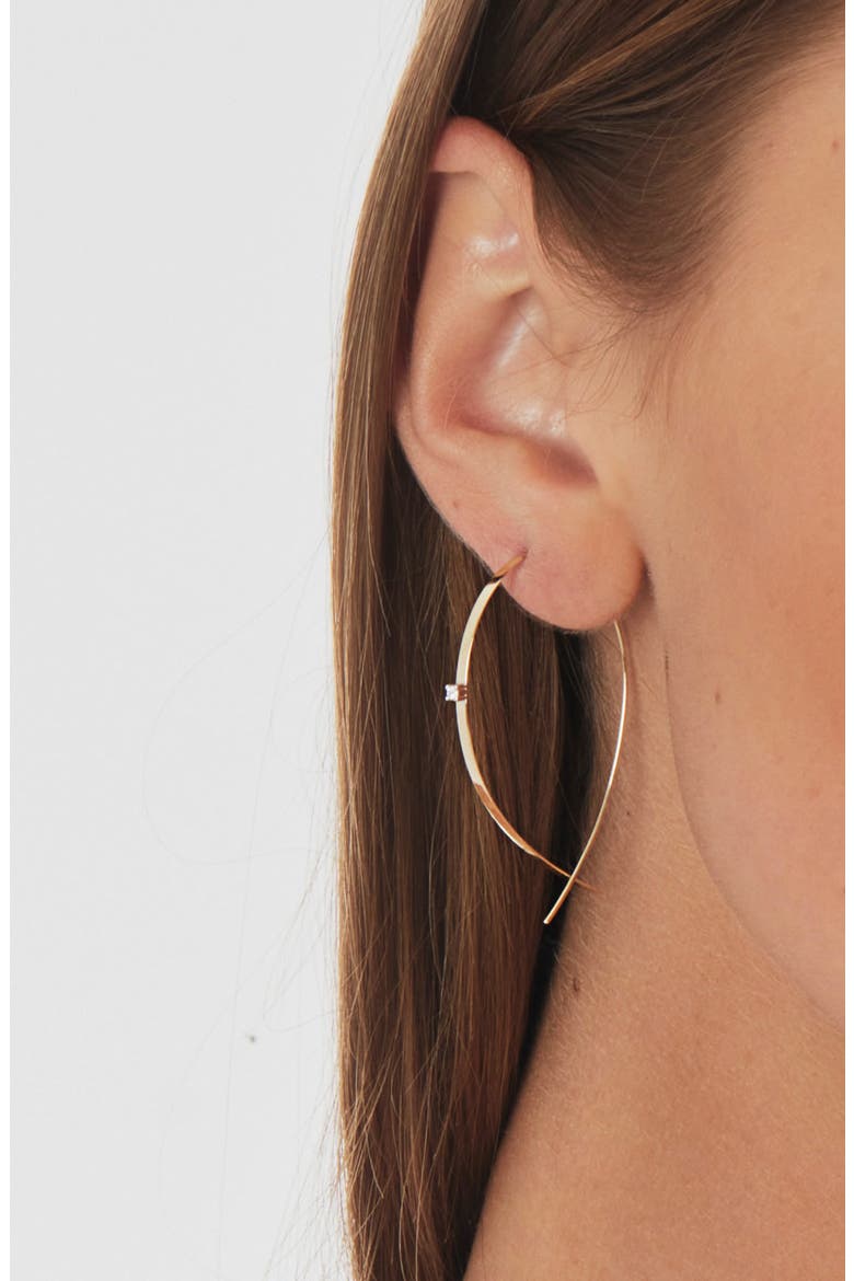 14K Gold Small Flat Upside Down Diamond Hoop Earrings, Alternate, color, D0.04GHSI1 14KYG