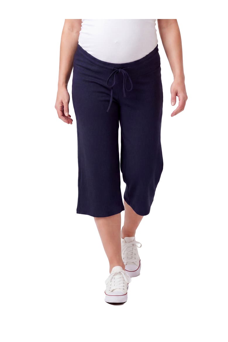 Maternity Basic Ribbed Knit Drawstring Flared Capri Pants, Main, color, Navy