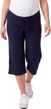24seven Comfort Apparel Maternity Basic Ribbed Knit Drawstring Flared Capri Pants