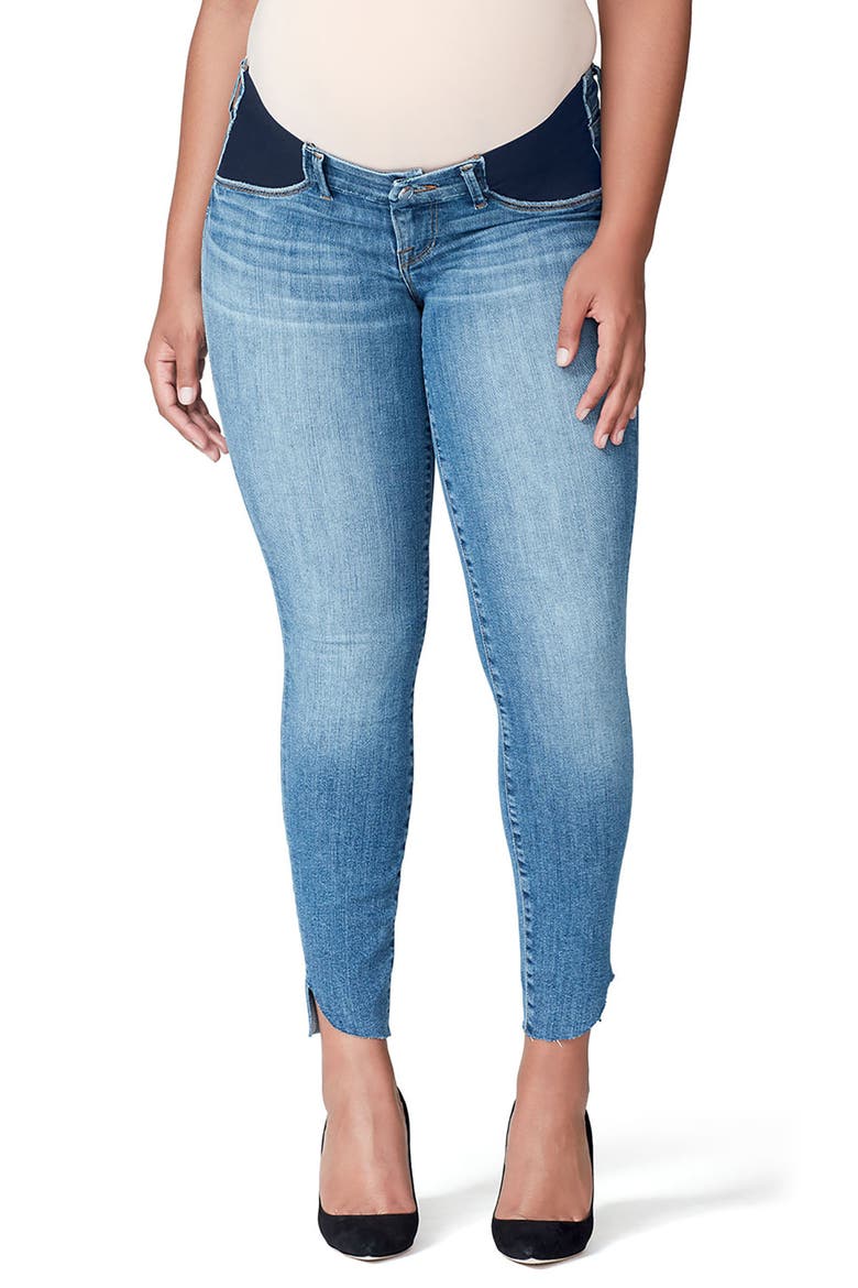 Good Mama The Honeymoon Low Rise Cascade Hem Maternity Skinny Jeans, Main, color, BLUE