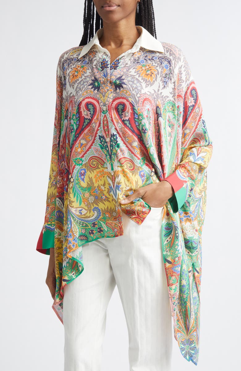 Etro Paisley Print Button-Up Poncho, Alternate, color, Print On White Base