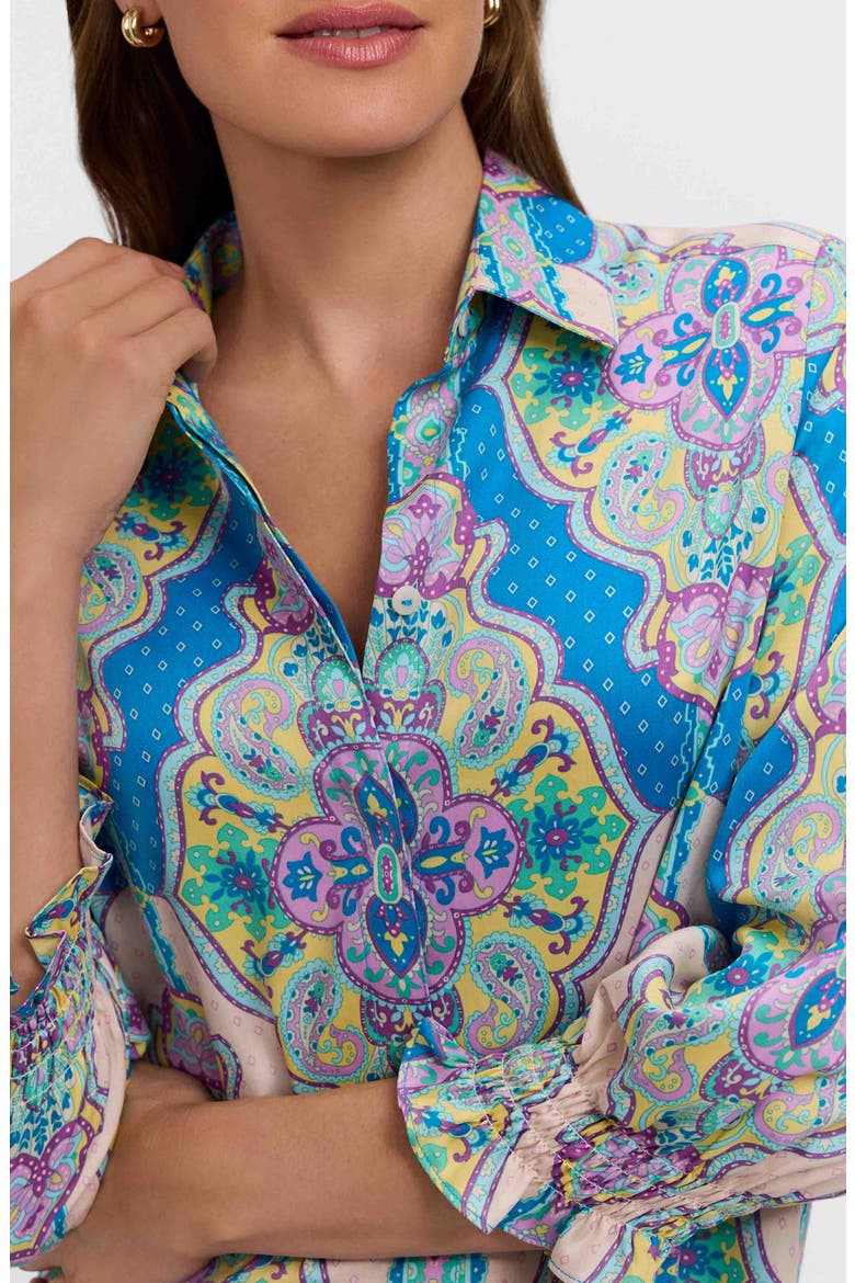 Olivia Paisley Smocked Cuff Linen Blend Button-Up Shirt, Alternate, color, PURPLE/ MULTI