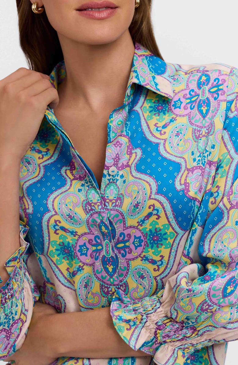 Foxcroft Olivia Paisley Smocked Cuff Linen Blend Button-Up Shirt, Alternate, color, Purple/ Multi