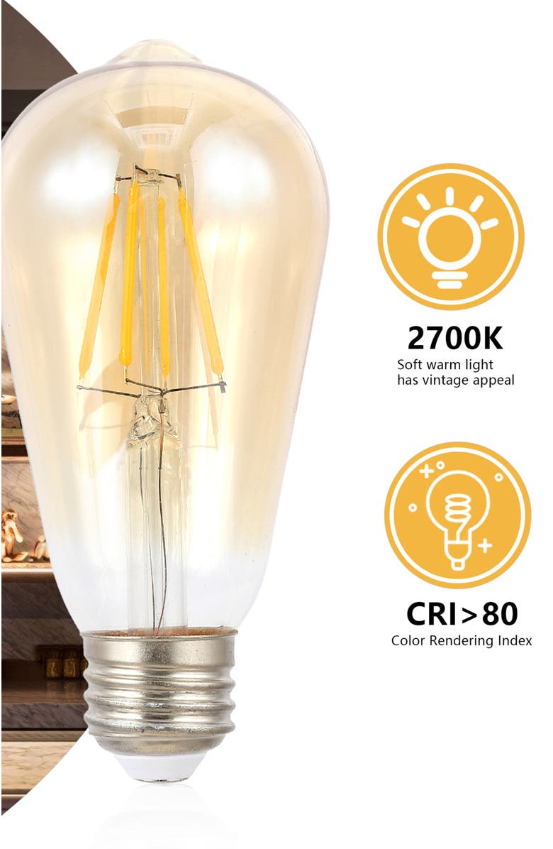 JONATHAN Y Vintage Non-Dimmable ST58-4W LED Edison Bulbs with E26 Base, 80+ CRI, Warm White 2700K, 350 Lumens, Tinted Amber, Alternate, color, Amber