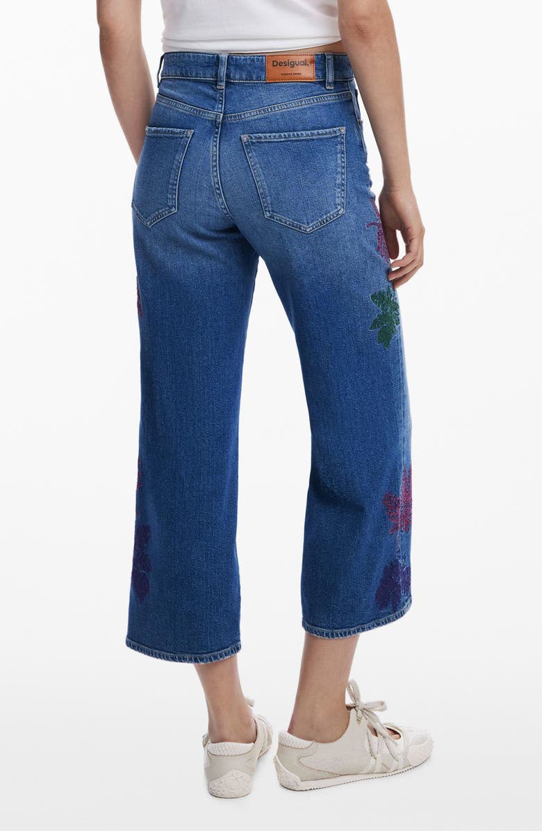 Desigual Leaf Embroidered Crop Wide Leg Jeans, Alternate, color, Medium Blue