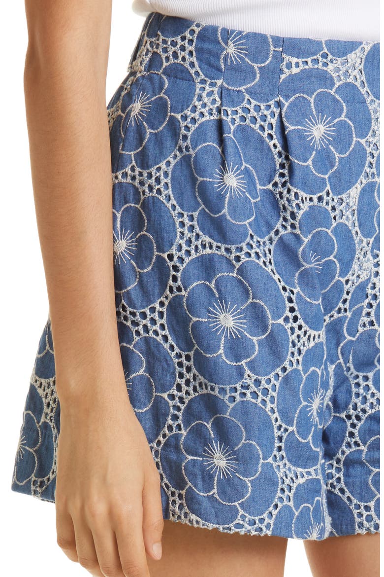 Jimea Floral Eyelet Cotton Chambray Shorts, Alternate, color, BLUE FLOWER