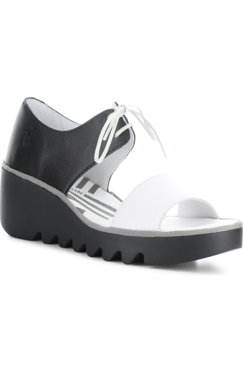Fly London Bilu Platform Wedge Sandal, Main, color, 002 White/Black Mous