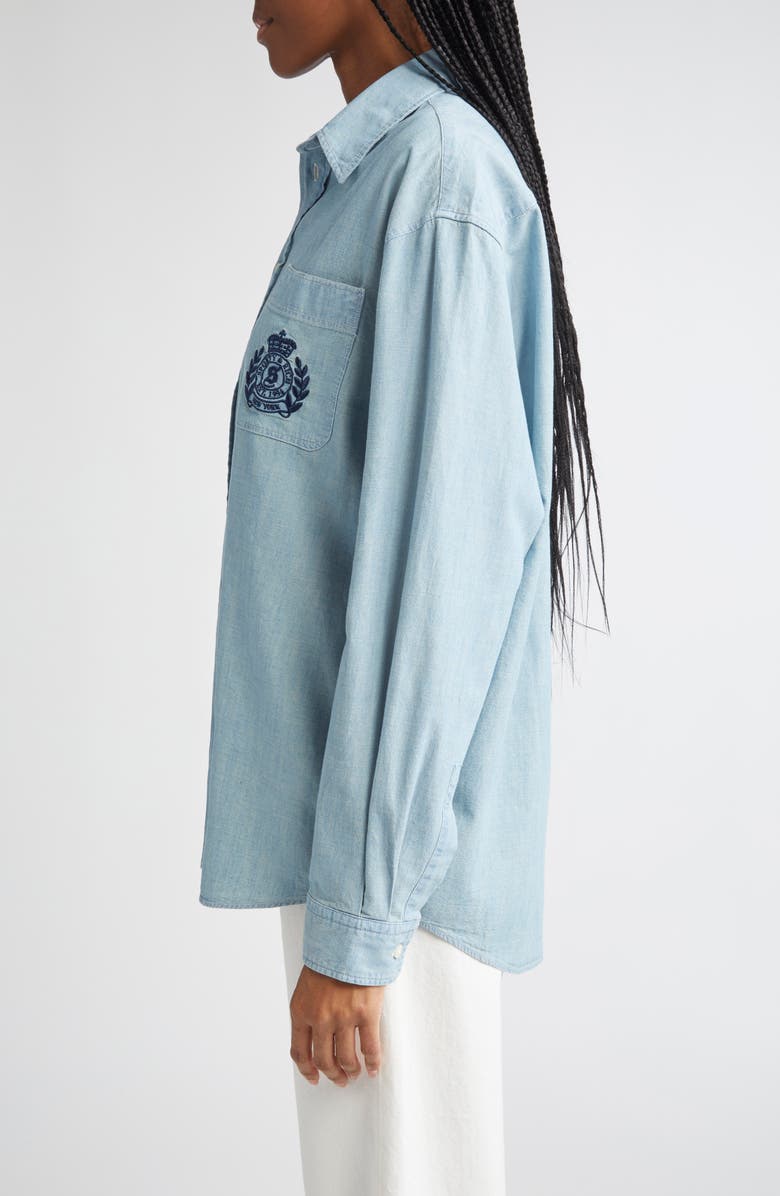 Sporty & Rich Embroidered Crest Oversize Chambray Button-Up Shirt, Alternate, color, Chambray