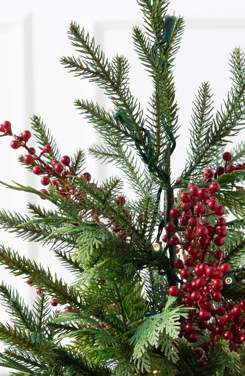 Balsam Hill Outdoor Red Berry Evergreen Pre-Lit Artificial Potted Tree, Alternate, color, Green
