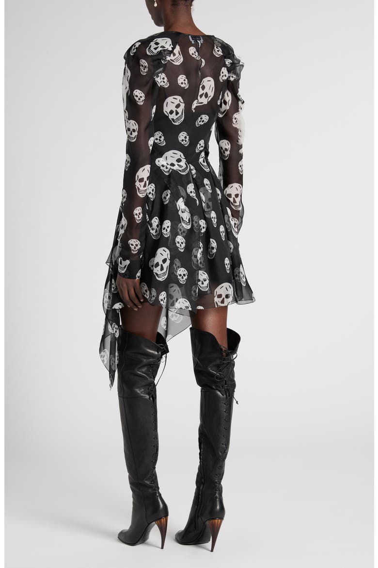 Skull Print Long Sleeve Silk Chiffon Wrap Dress, Alternate, color, BLACK - WHITE
