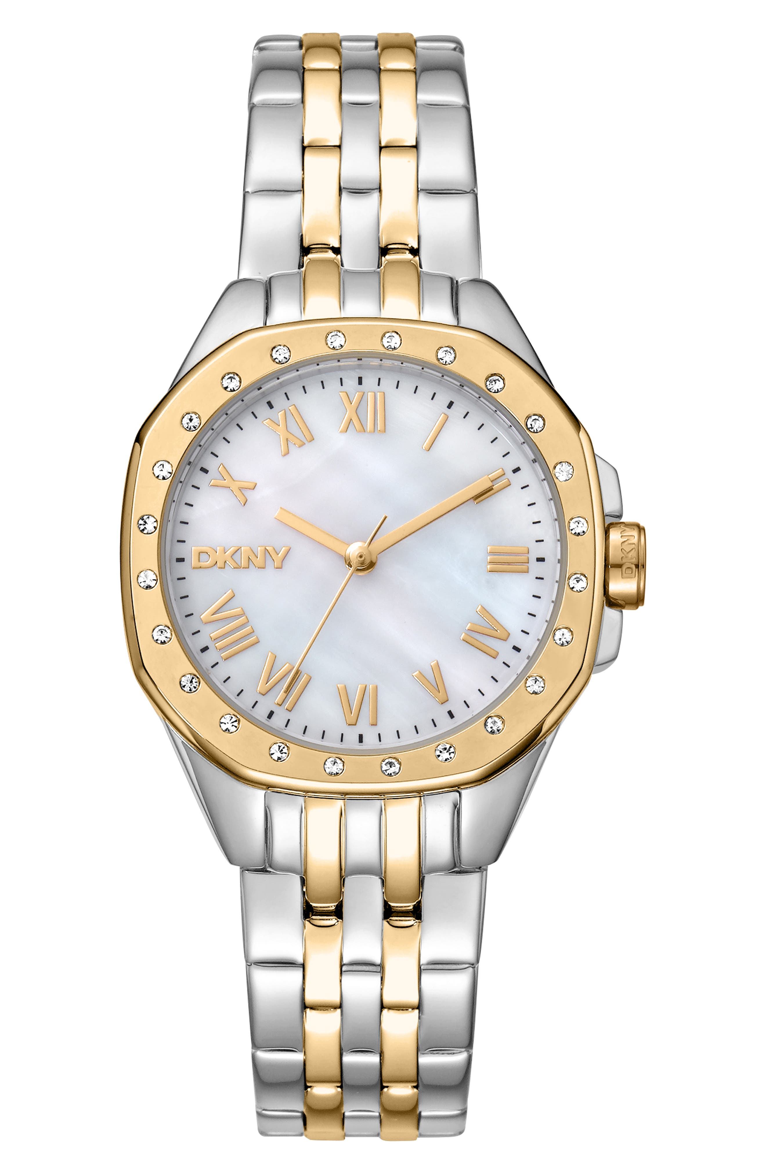 Two Tone Crystal Bezel Quartz Bracelet Watch, 30mm