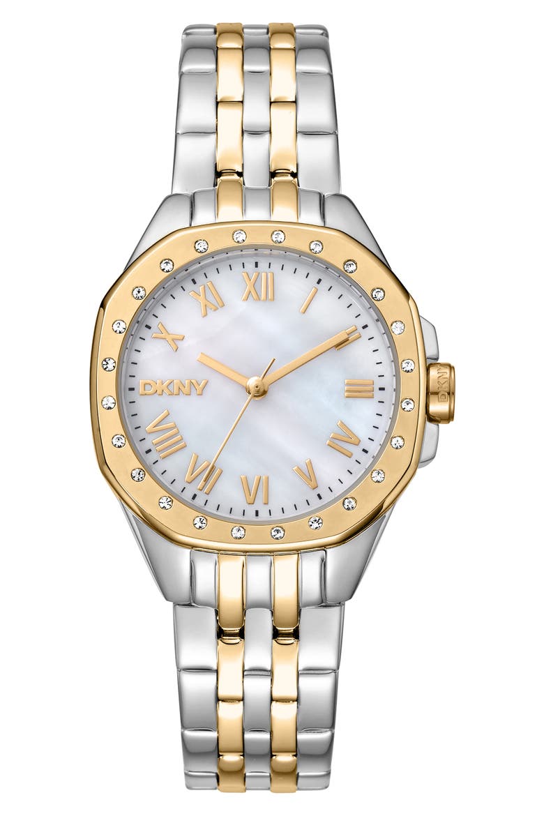 Two Tone Crystal Bezel Quartz Bracelet Watch, 30mm, Main, color, TWO TONE SILVER AND GOLD