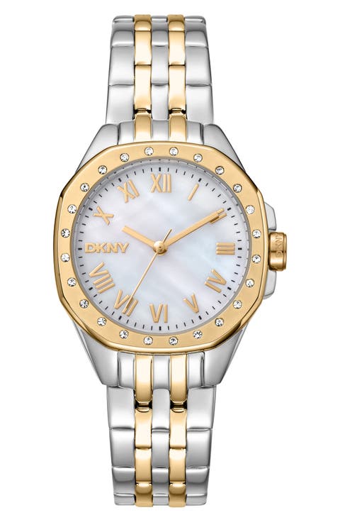 Two Tone Crystal Bezel Quartz Bracelet Watch, 30mm