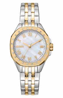 Two Tone Crystal Bezel Quartz Bracelet Watch, 30mm
