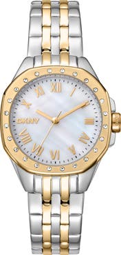 DKNY Two Tone Crystal Bezel Quartz Bracelet Watch, 30mm