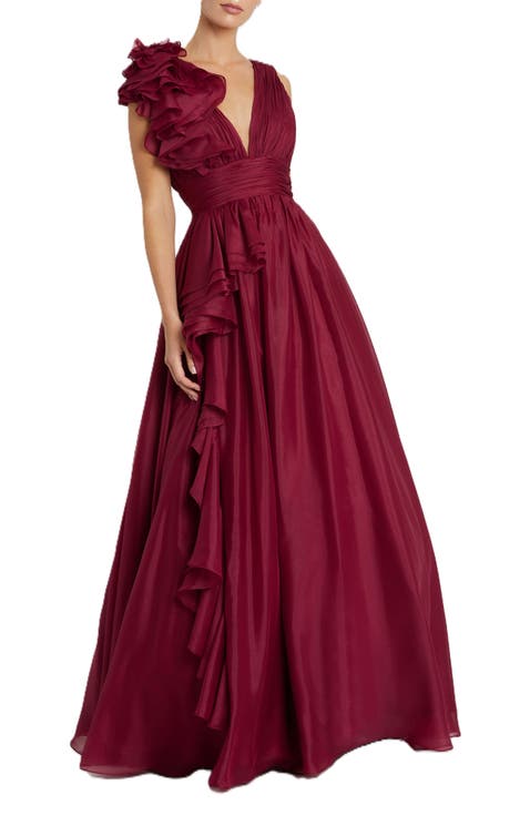 Ruffle Shoulder V-Neck Chiffon Gown