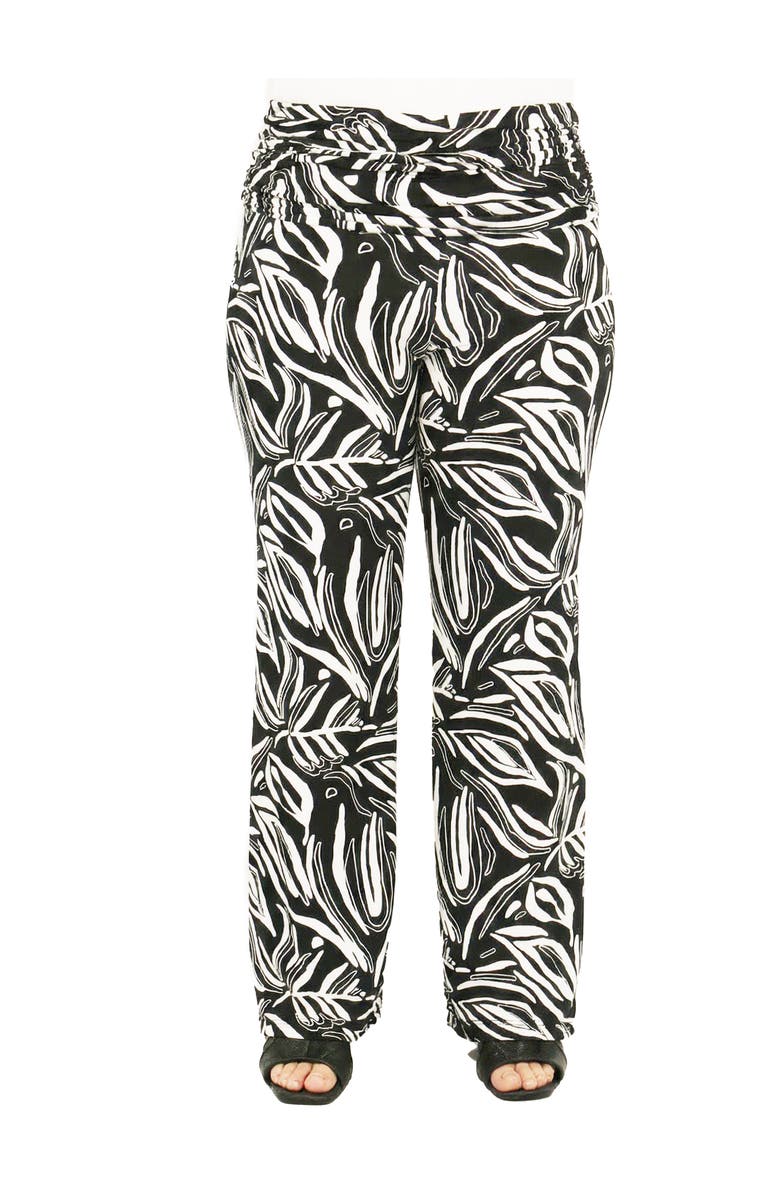 24seven Comfort Apparel Curvy Essential Abstract Print Foldover Waist Wide Leg Pants, Main, color, Black Multi