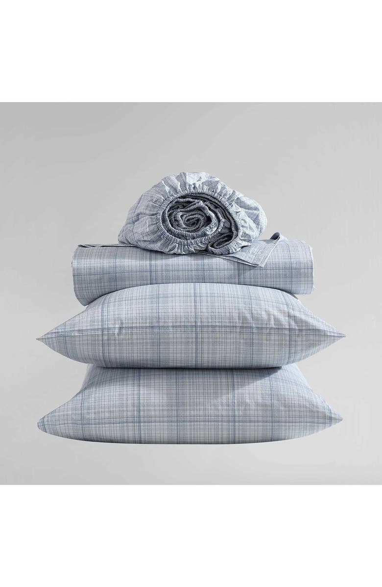 Calvin Klein Multi Grid 200 Thread Count Cotton Percale Sheet Set, Alternate, color, Light / Medium Blue