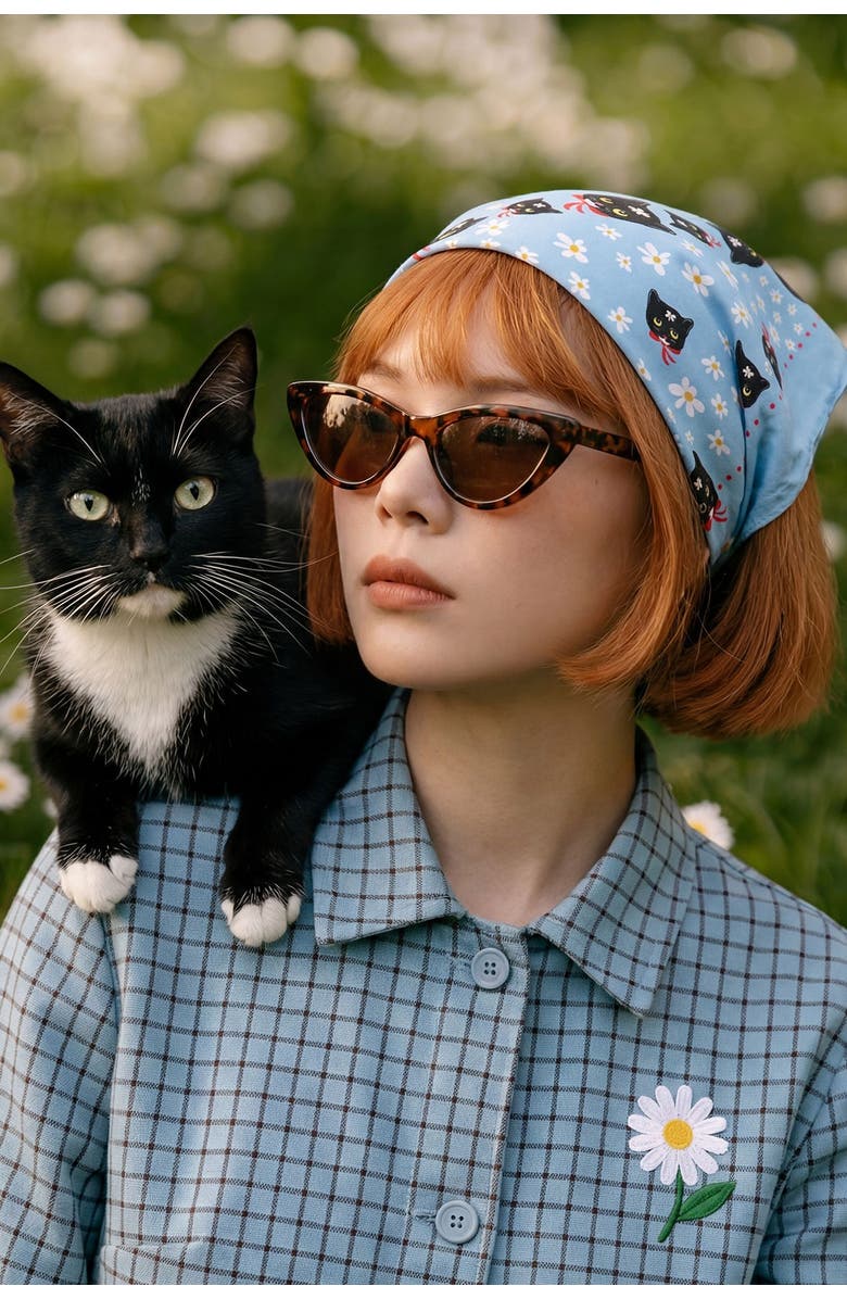 Centinelle Naoko Cat Cotton Silk Bandana, Alternate, color, Blue